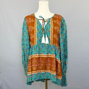 Floral Boho Inspired Peplum Blouse Vibrant Turquoise & Brown With Empire Waist